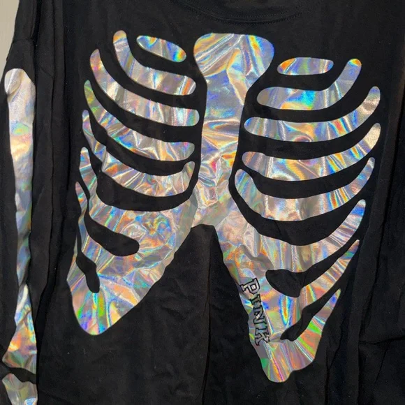 PINK Victoria's Secret Black Long Sleeve Tee with Silver Skeleton Design - Picture 2 of 5